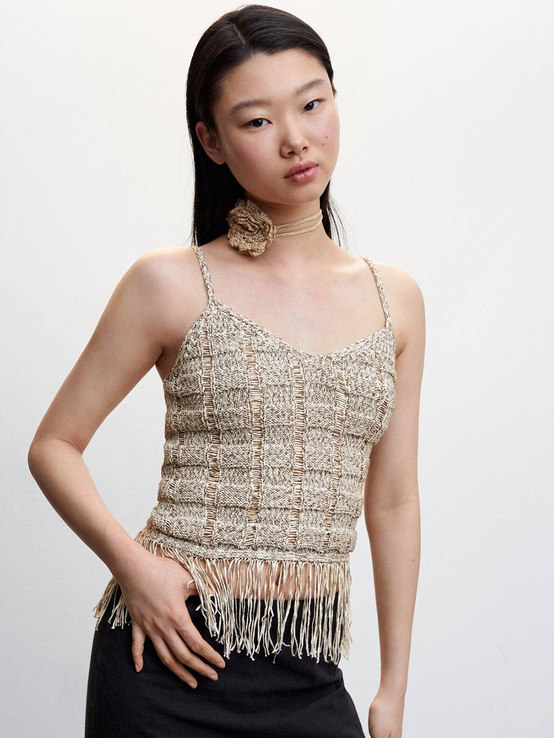 

MANGO Knitted Fringed Top, Beige