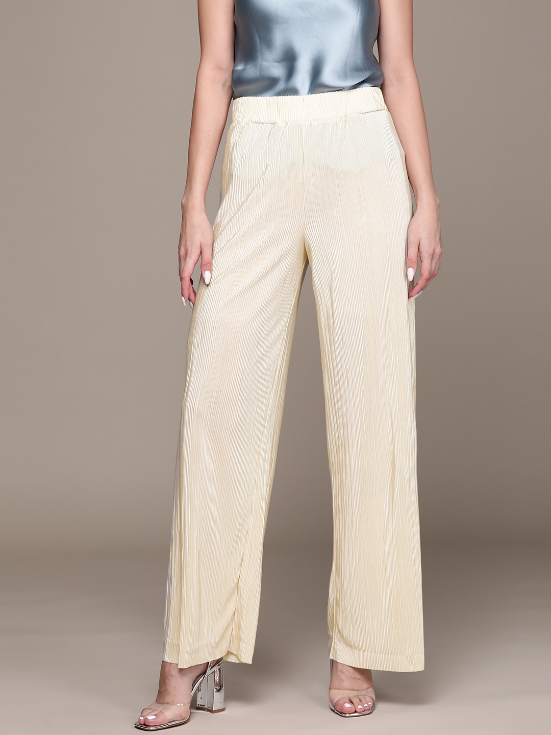 

MANGO Women Satin Pleated Trousers, Cream