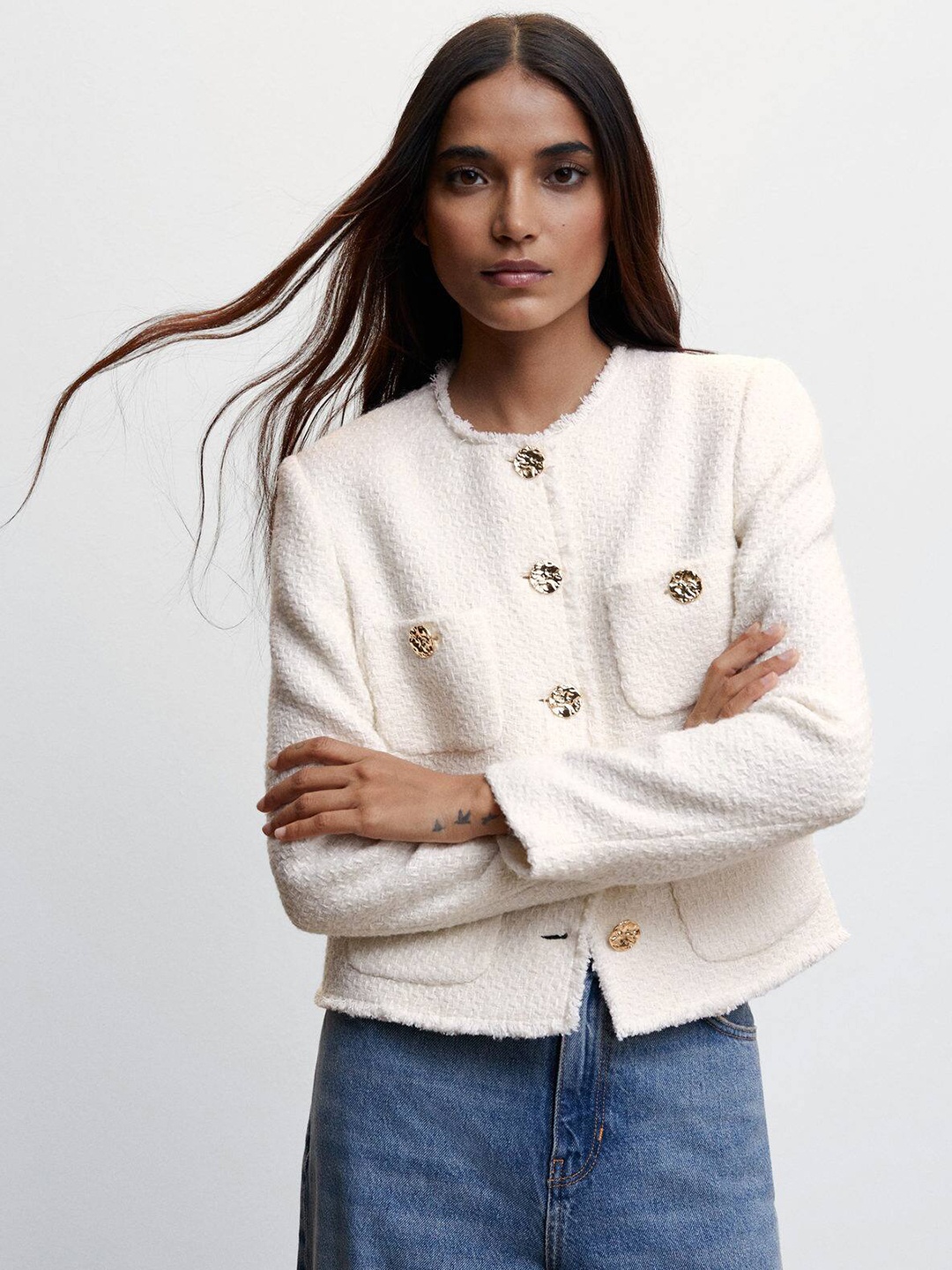 

MANGO Tweed Tailored Jacket, Cream