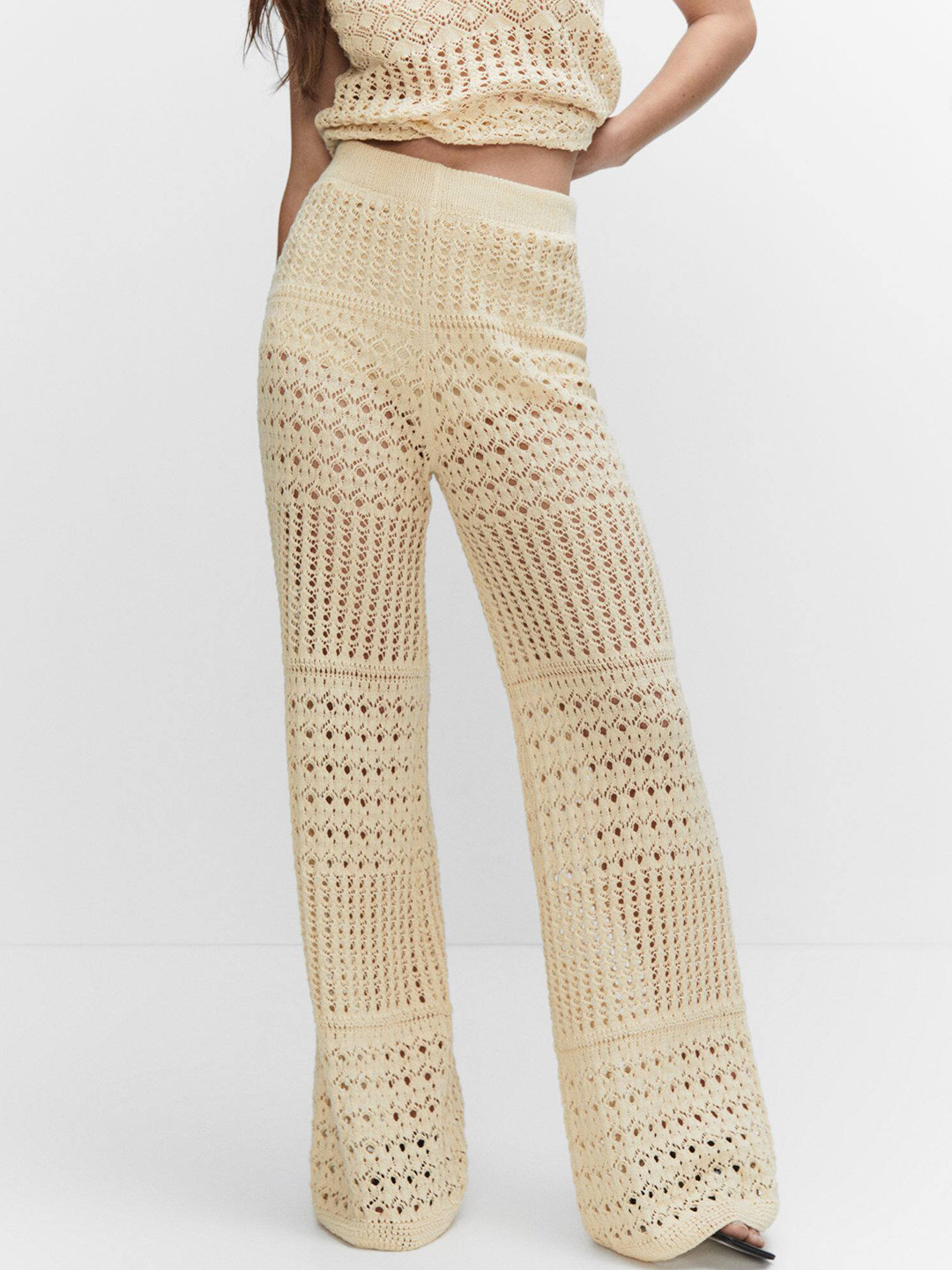 

MANGO Women Crochet High-Rise Trousers, Beige