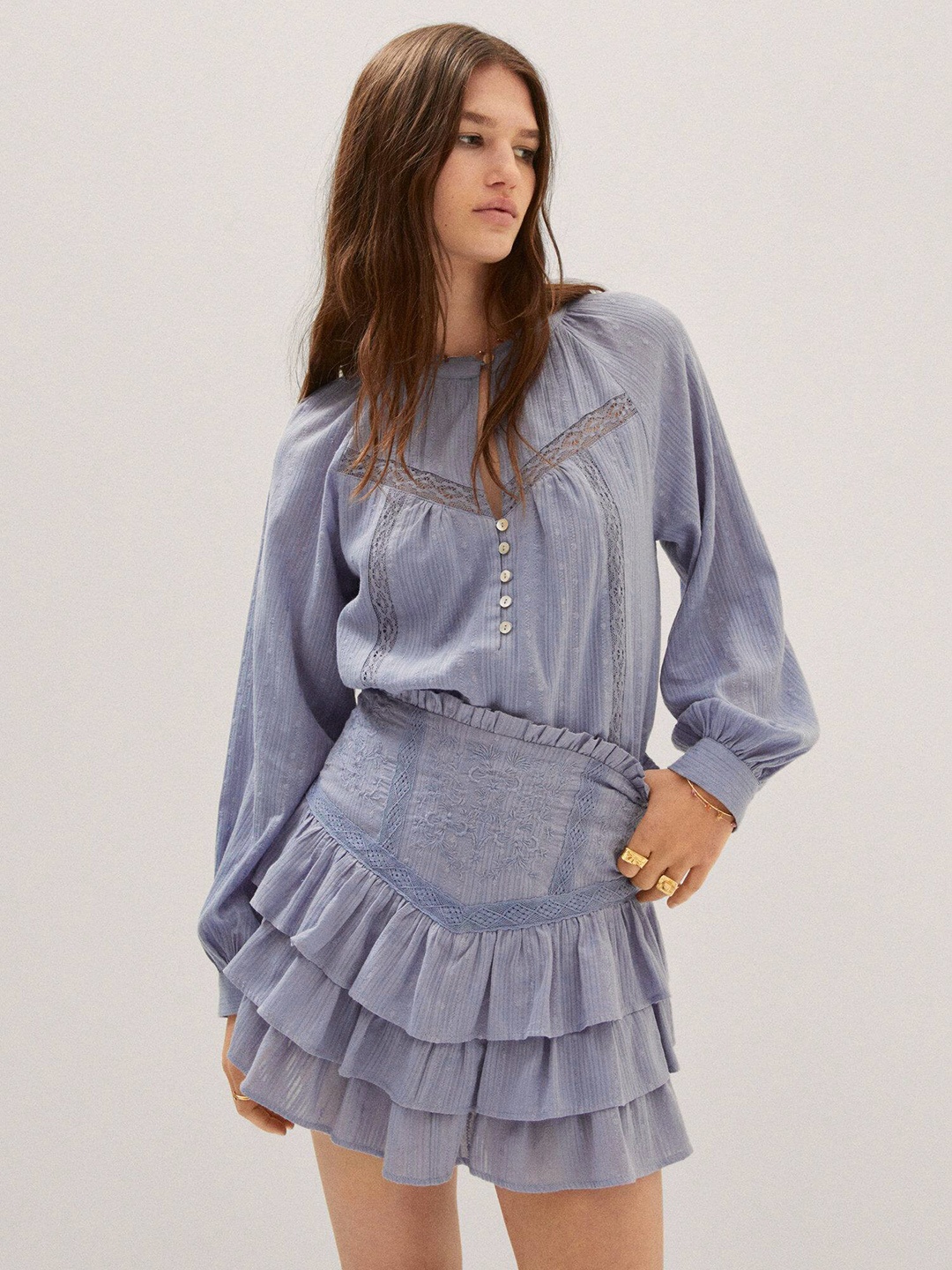 

MANGO Floral Lace Insert & Ruffle Detail A-Line Mini Skirt, Blue