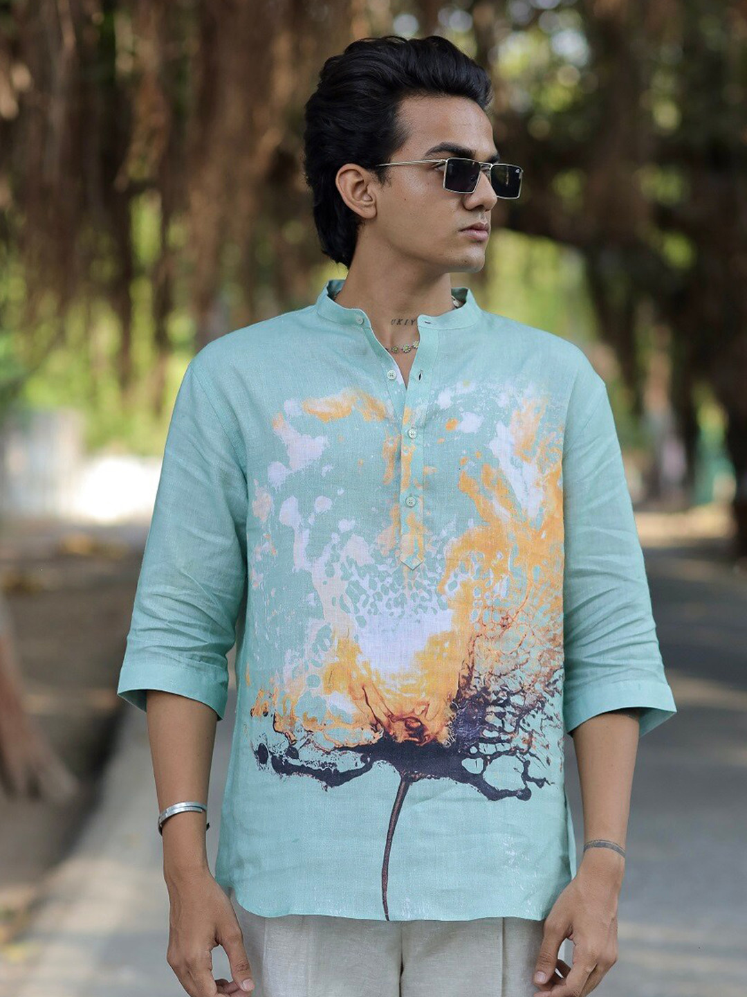 

ADDY'S for men Comfort Abstract Printed Semi Sheer Linen Casual Shirt, Sea green