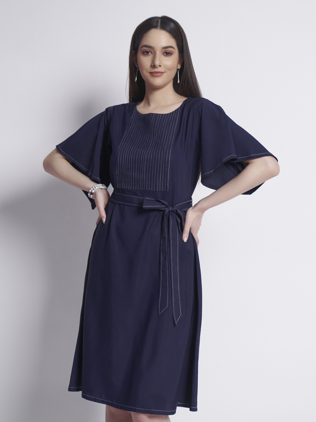 

DressBerry Navy Blue Flared Sleeve Fit & Flare Dress