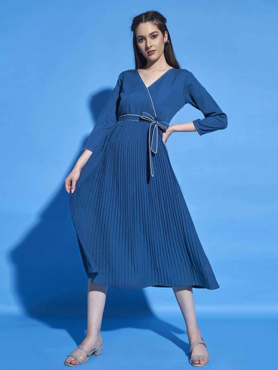 

DressBerry Teal Crepe Accordion Pleated Wrap Dress