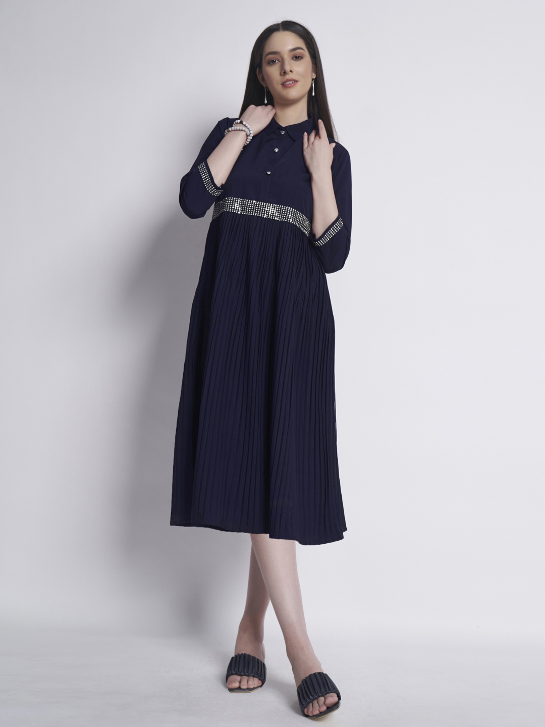 

DressBerry Blue Embellished Shirt Collar Crepe A-line Midi Dress, Navy blue