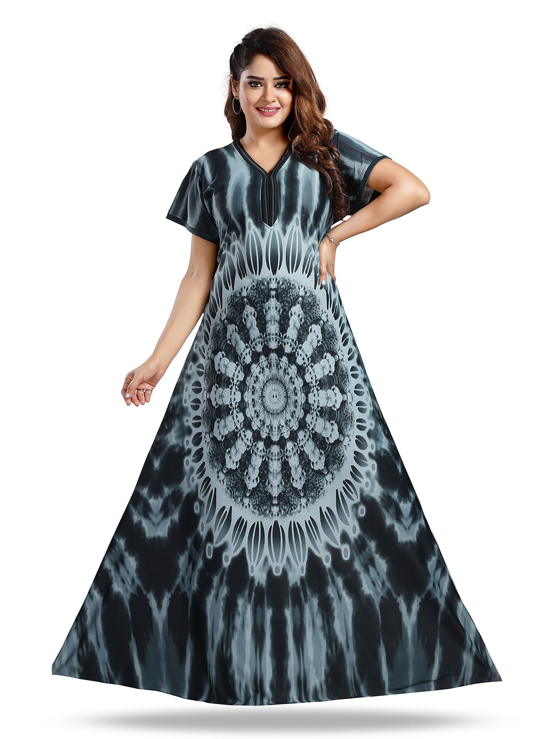 

SHOPPING STATION Ethnic Motifs Printed Satin Maxi Nightdress, Blue