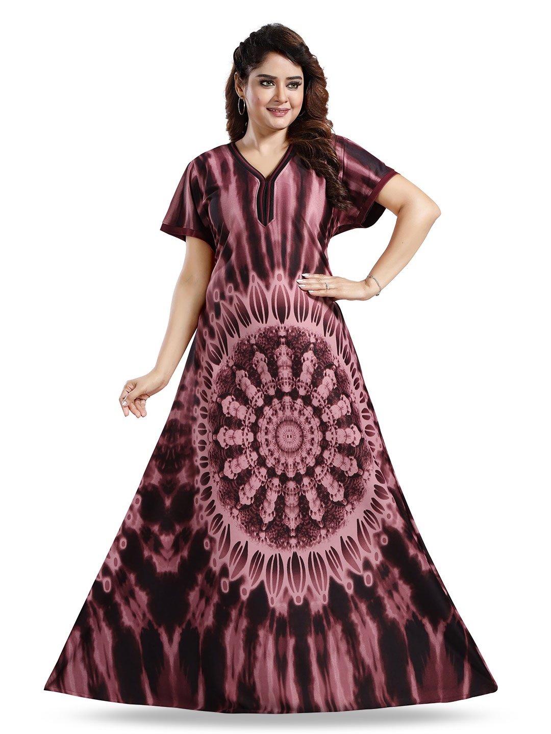 

SHOPPING STATION Ethnic Motifs Printed Satin Maxi Nightdress, Peach