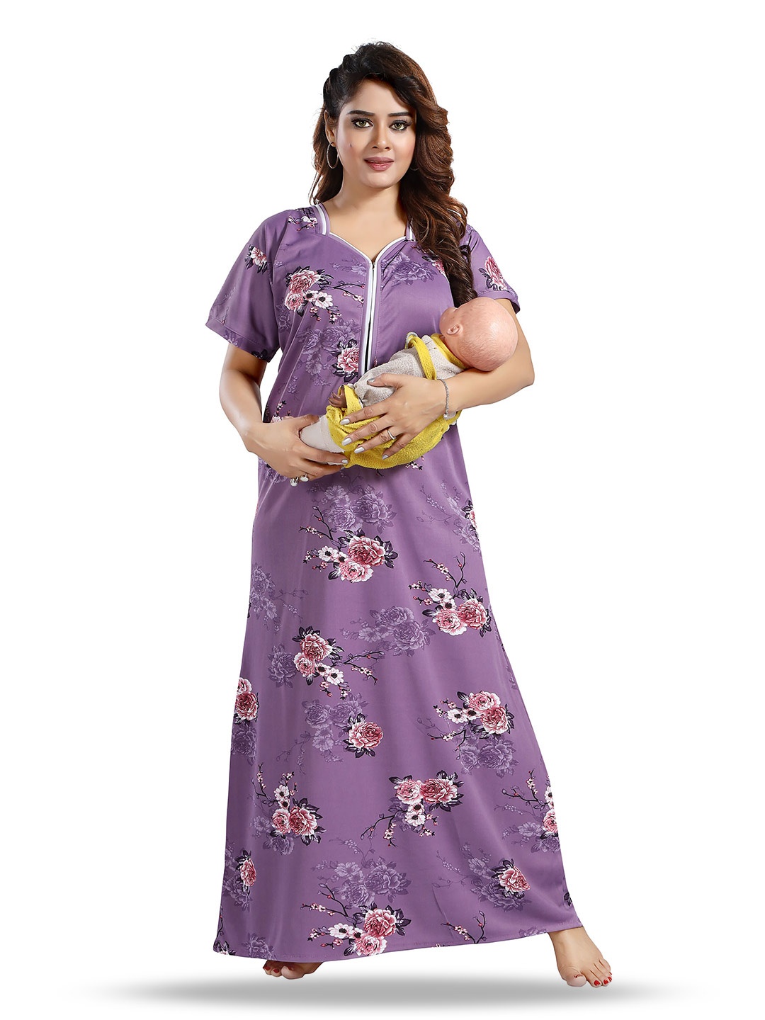 

SHOPPING STATION Floral Printed Satin Maxi Maternity Nightdress, Purple