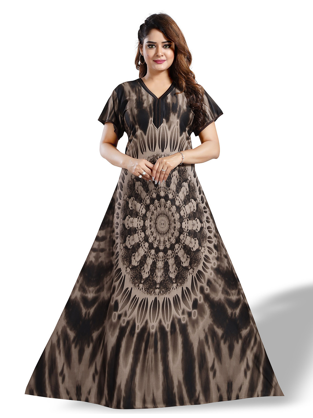 

SHOPPING STATION Ethnic Motifs Printed Satin Maxi Nightdress, Black