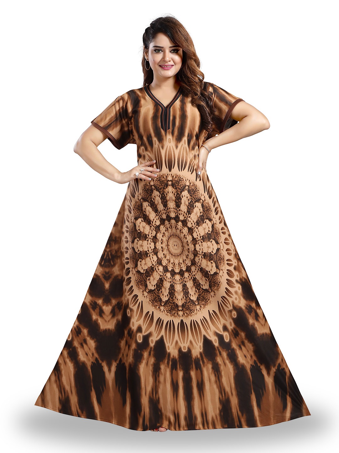 

SHOPPING STATION Ethnic Motifs Printed Satin Maxi Nightdress, Brown