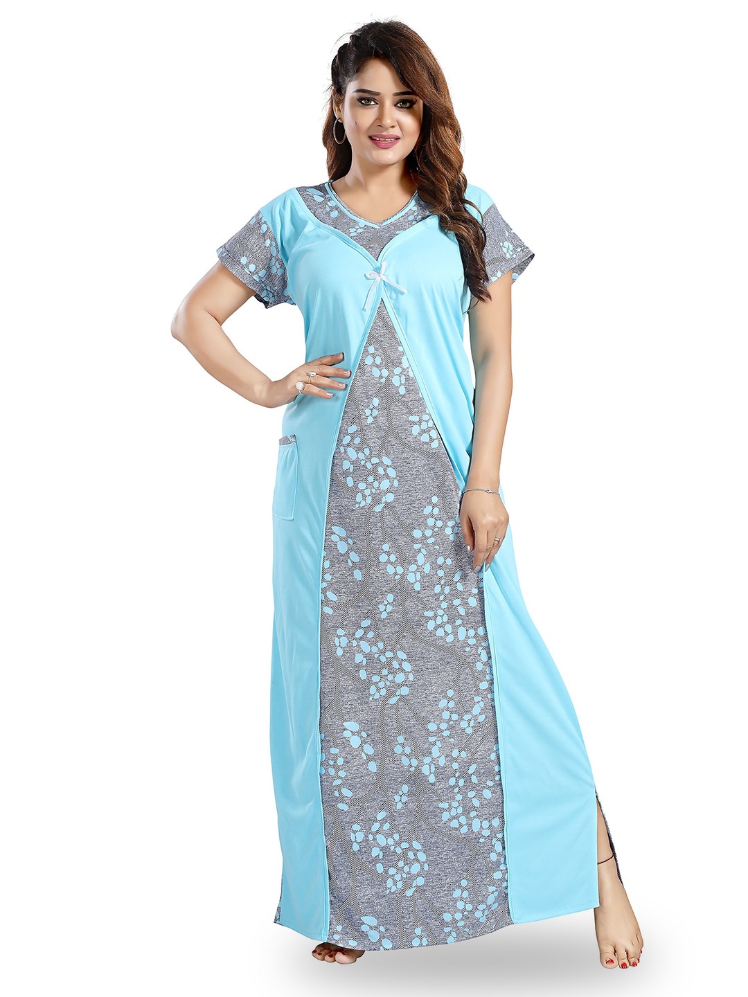 

SHOPPING STATION Abstract Printed Satin Maxi Nightdress, Turquoise blue