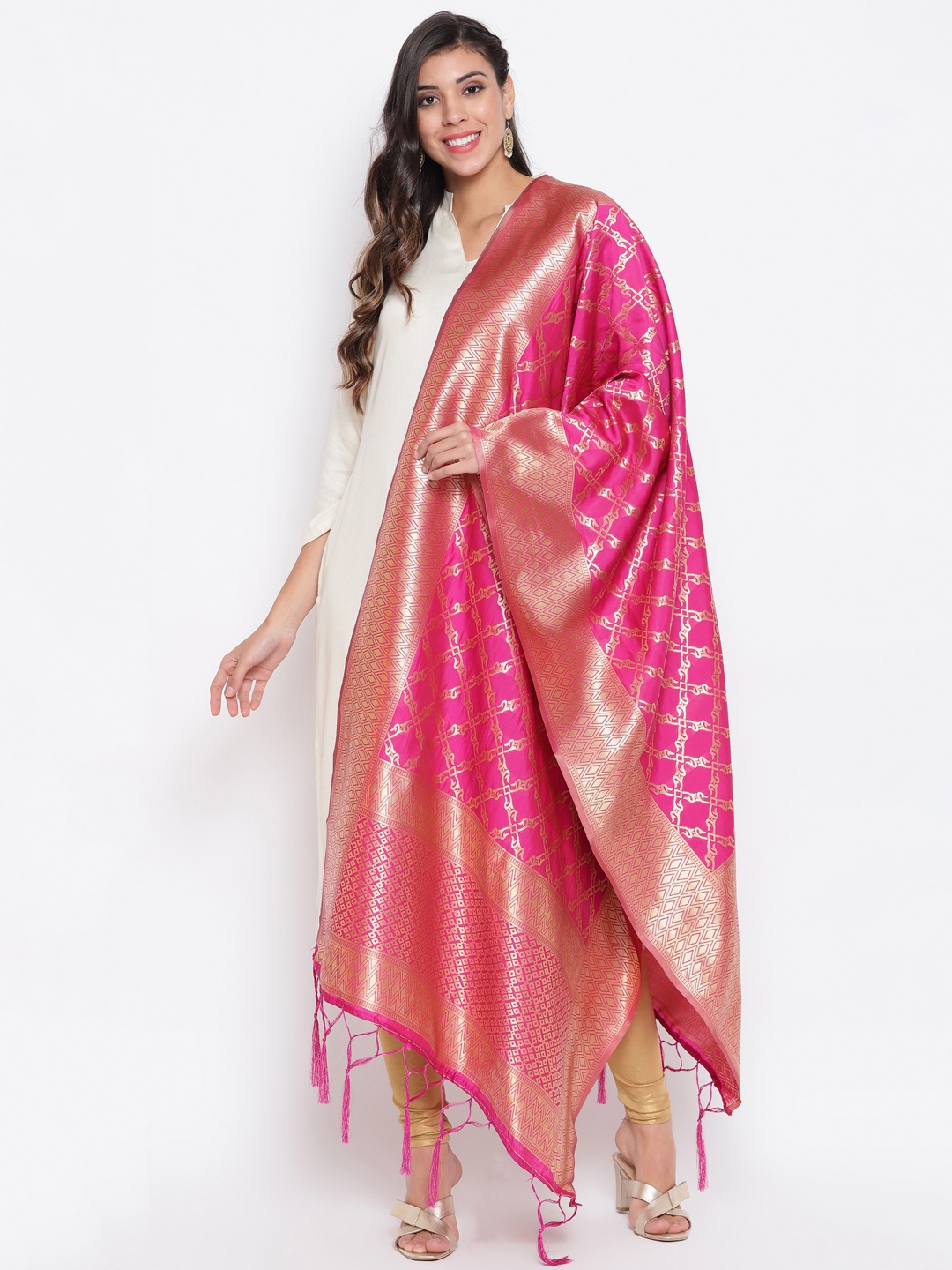

Lilots Ethnic Motifs Zari Woven Design Dupatta, Pink
