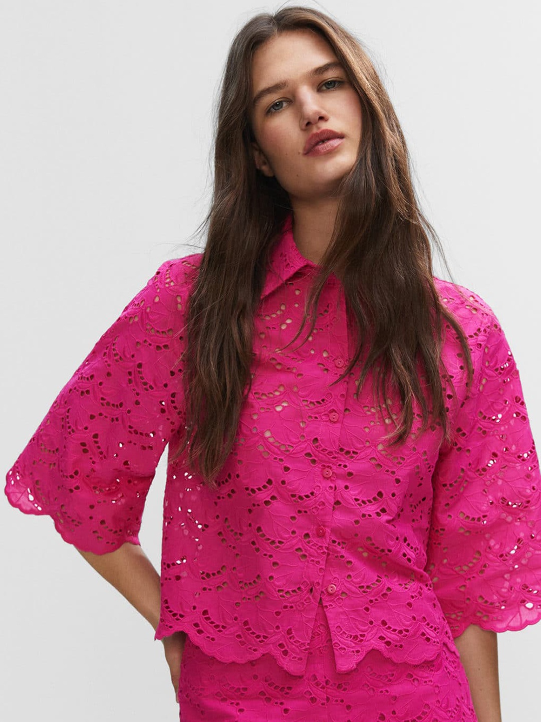 

MANGO Cotton Embroidered Semi Sheer Shirt, Pink