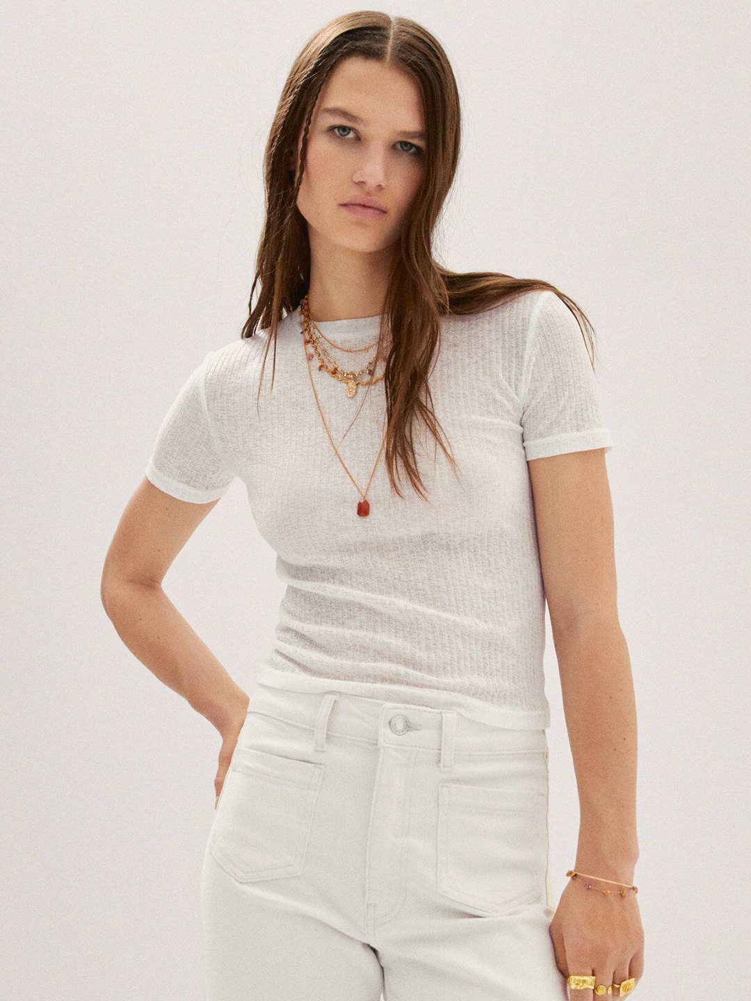 

MANGO Striped Detail Semi Sheer T-shirt, White