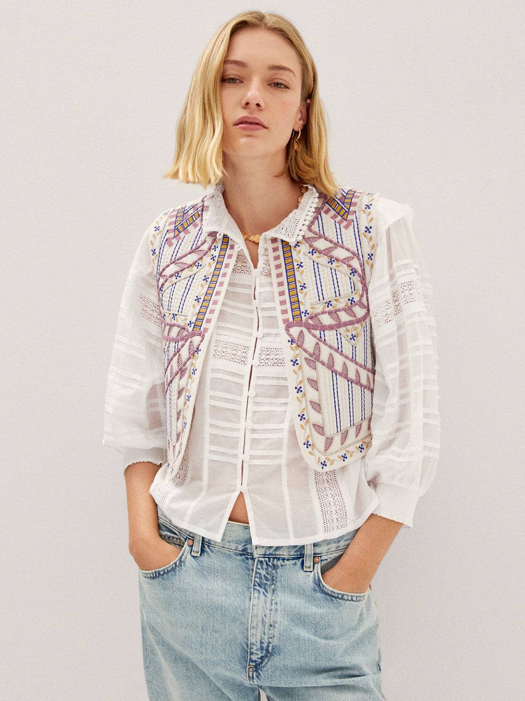 

MANGO Women Embroidered Tailored Jacket, Off white