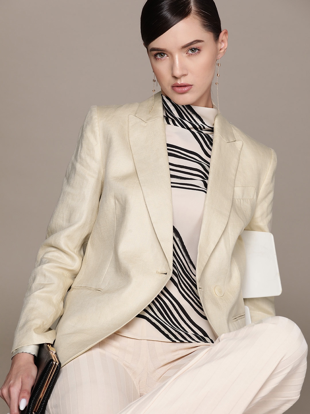 

MANGO Linen Single Breasted Blazer, Beige