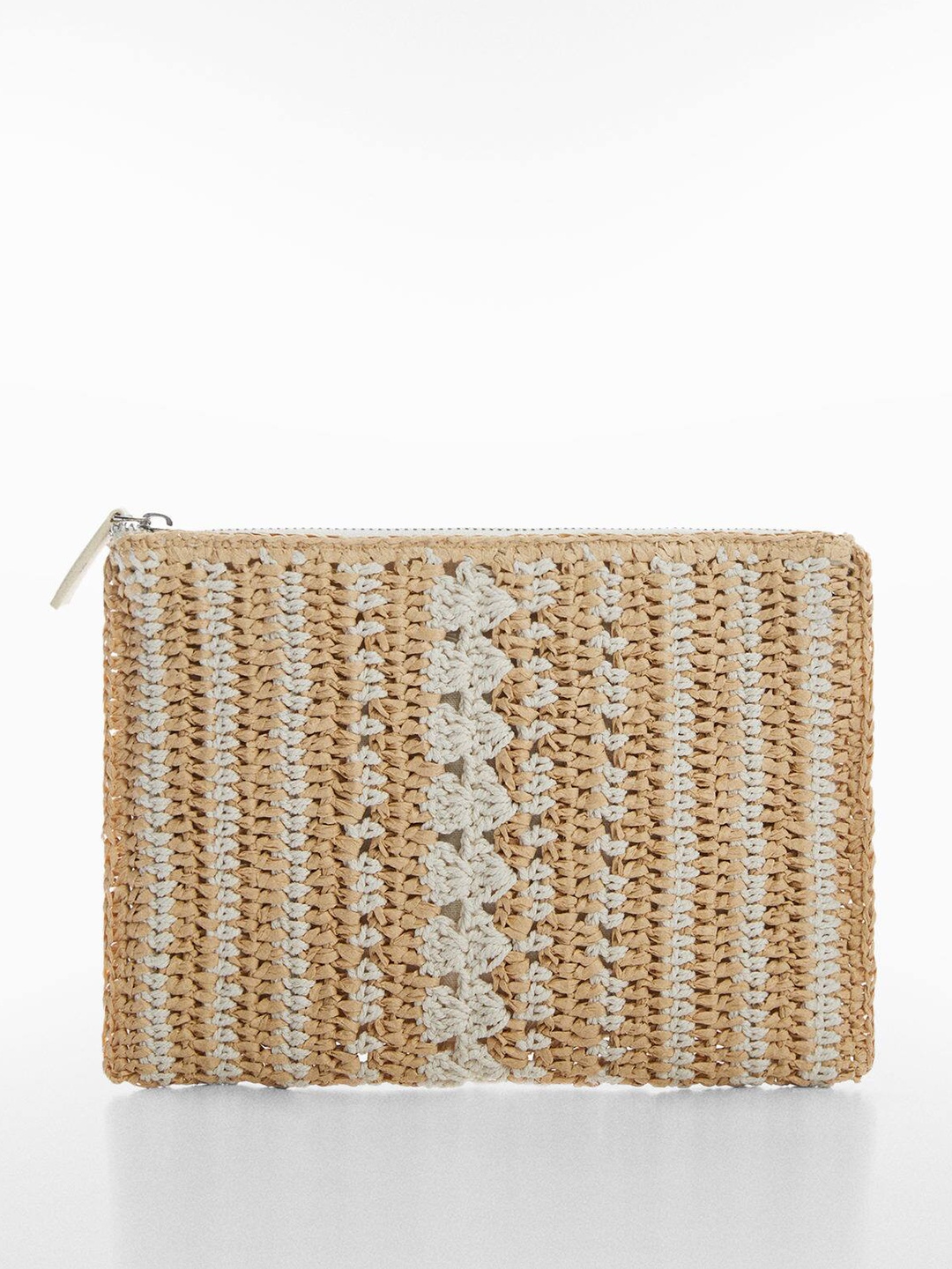 

MANGO Women Striped Pouch With Crochet Knits, White