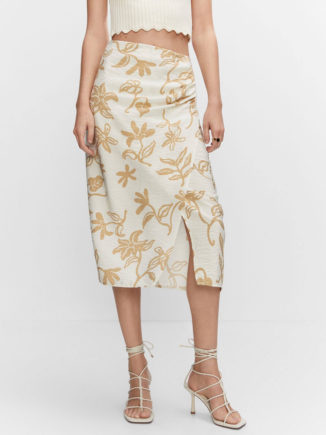 

MANGO Floral Printed Side Slit A-Line Skirt, Cream
