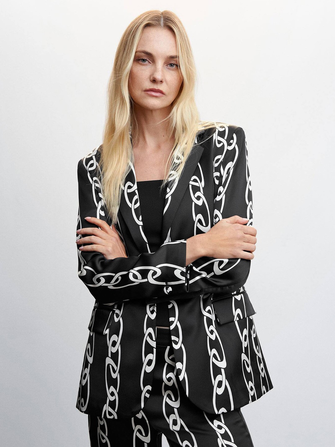 

MANGO Chain Print Satin Single-Breasted Blazer, Black