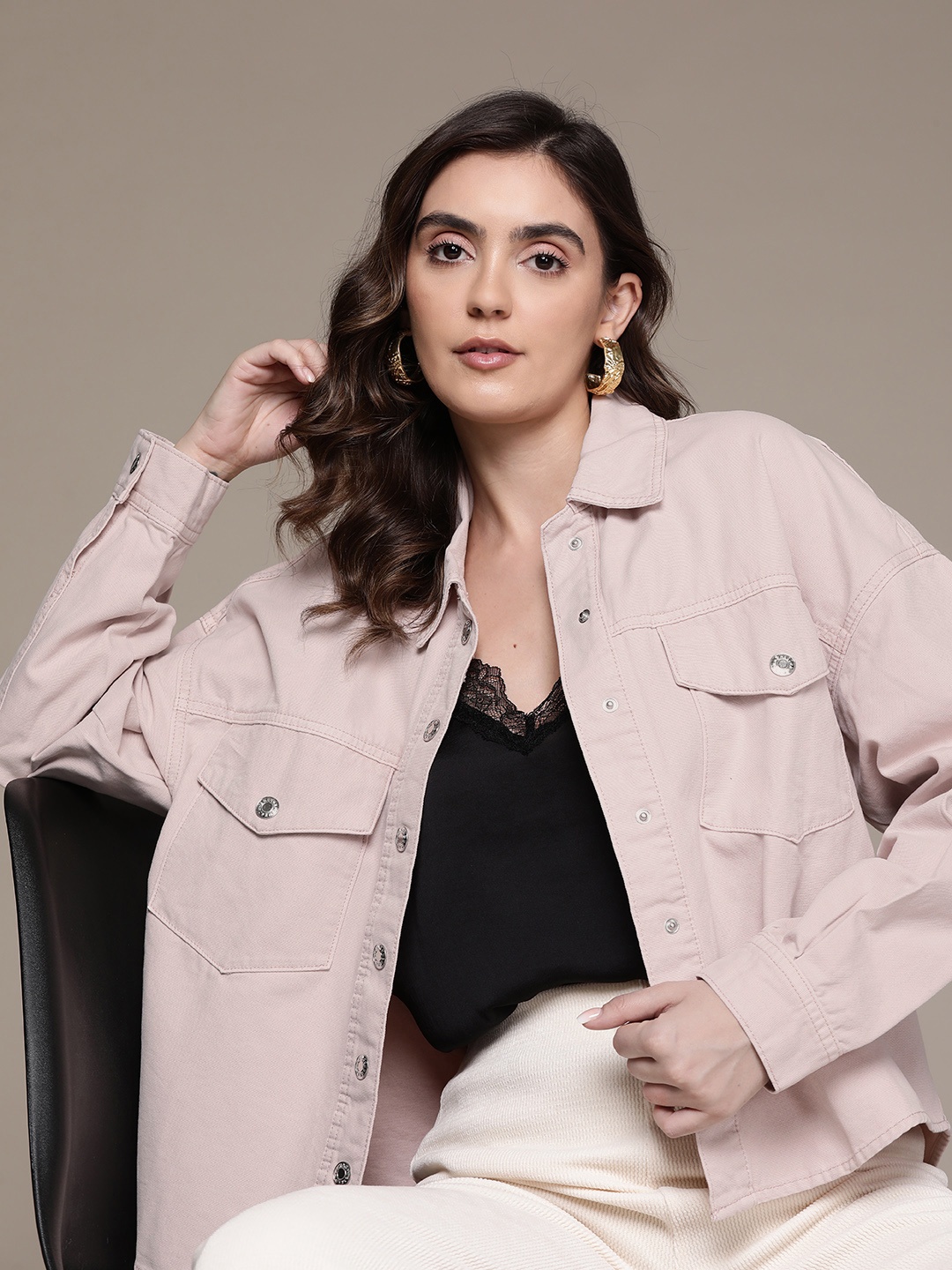 

MANGO Pure Cotton Denim Shacket, Pink