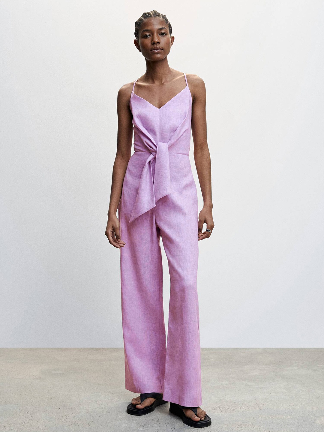 

MANGO Linen Knot Detail Basic Jumpsuit, Lavender