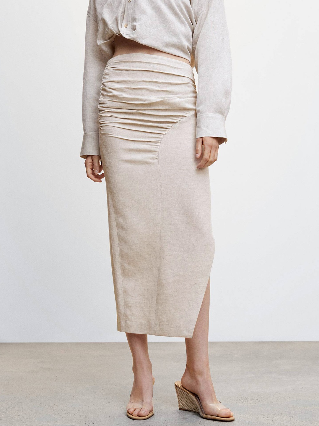 

MANGO Linen Pencil Side Slit Skirt With Gathered Details, Grey