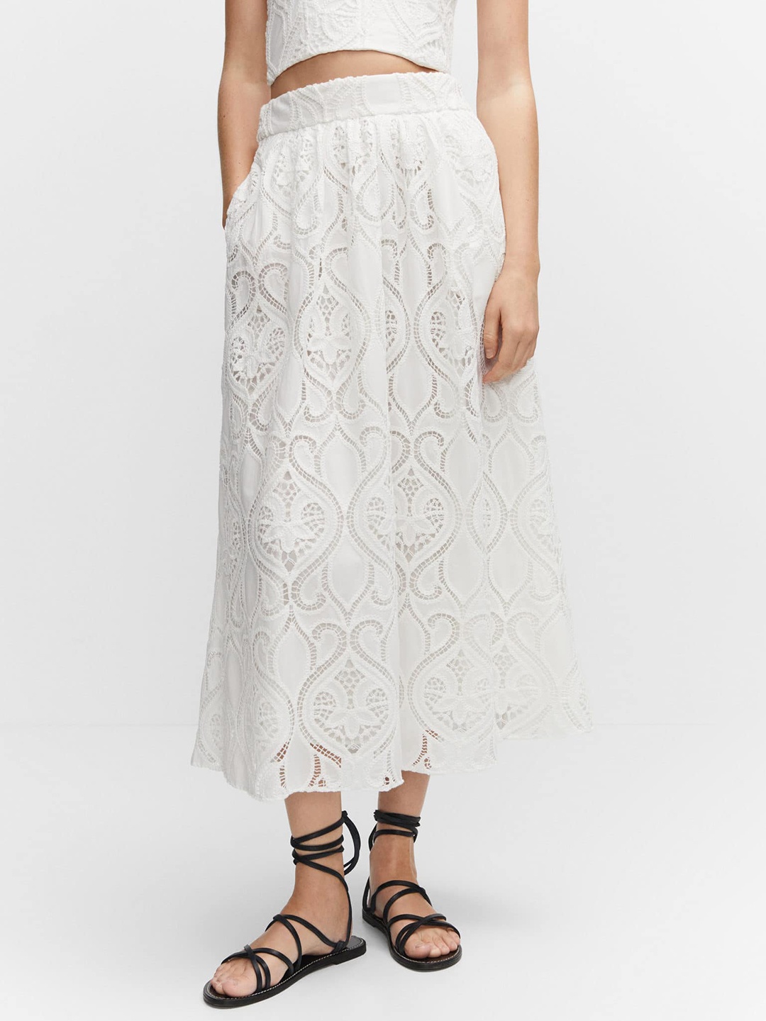 

MANGO Lace Embroidered A-Line Midi Skirt, White