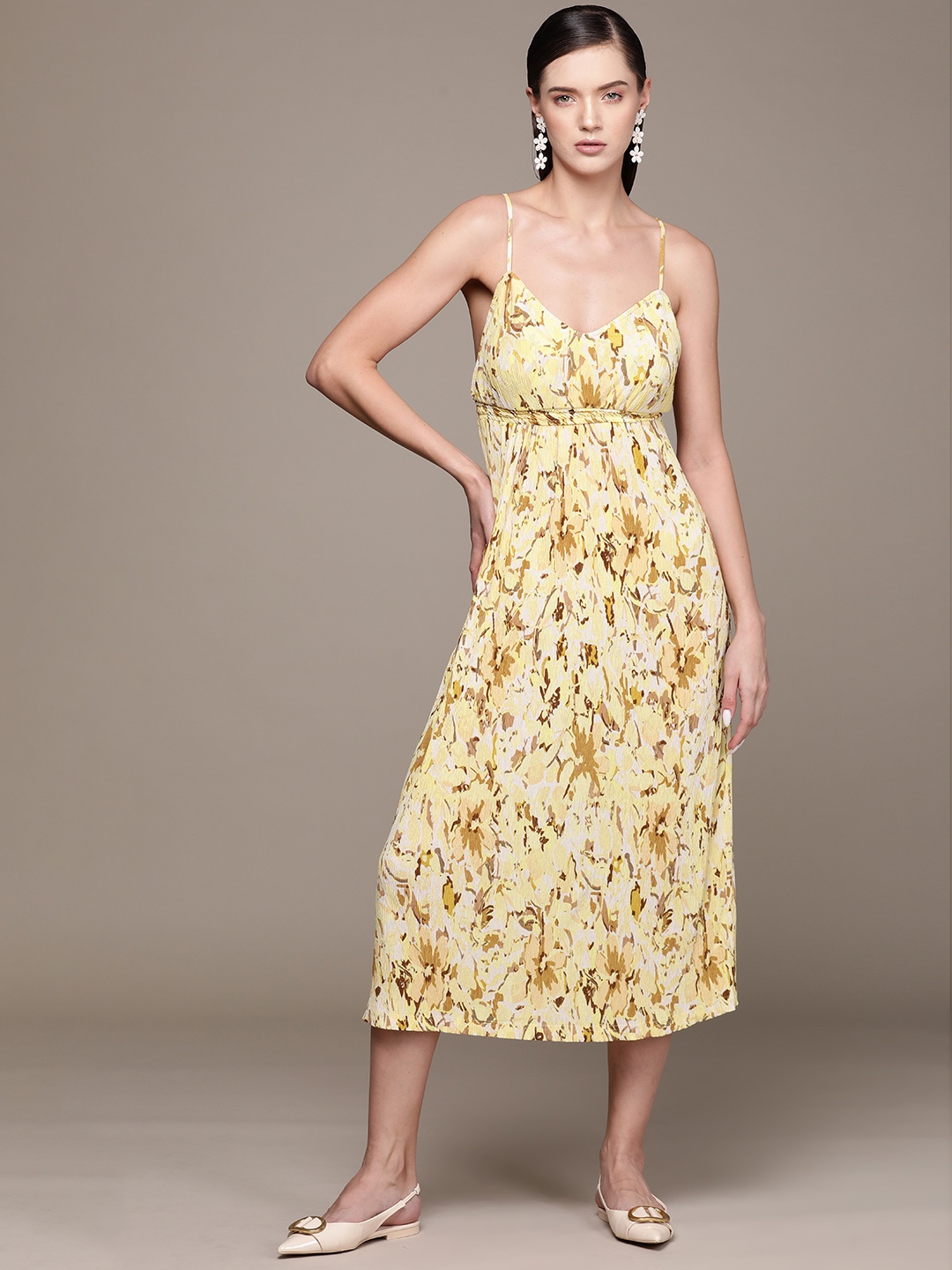 

MANGO Micro Pleated Printed A-Line Midi Dress with Criss-Cross Back, Yellow