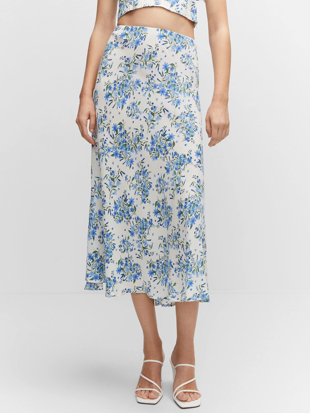 

MANGO Floral Print A-Line Midi Skirt, White