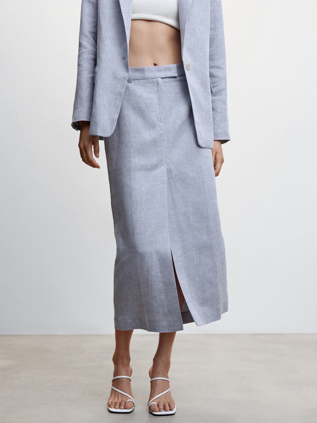 

MANGO Linen Cotton A-Line Midi Skirt, Grey