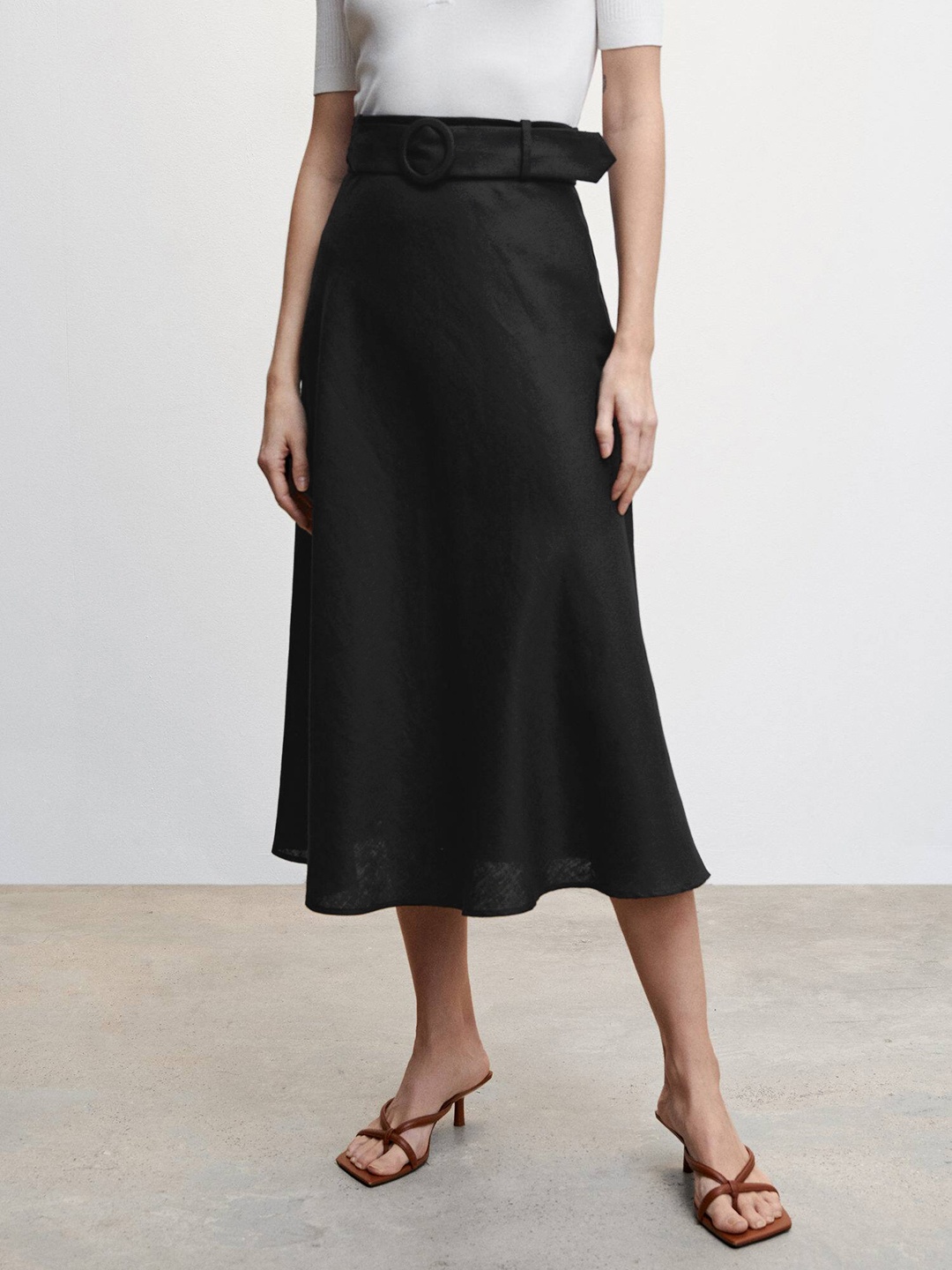 

MANGO A-Line Linen Midi Skirt With Adjustable Belt, Black