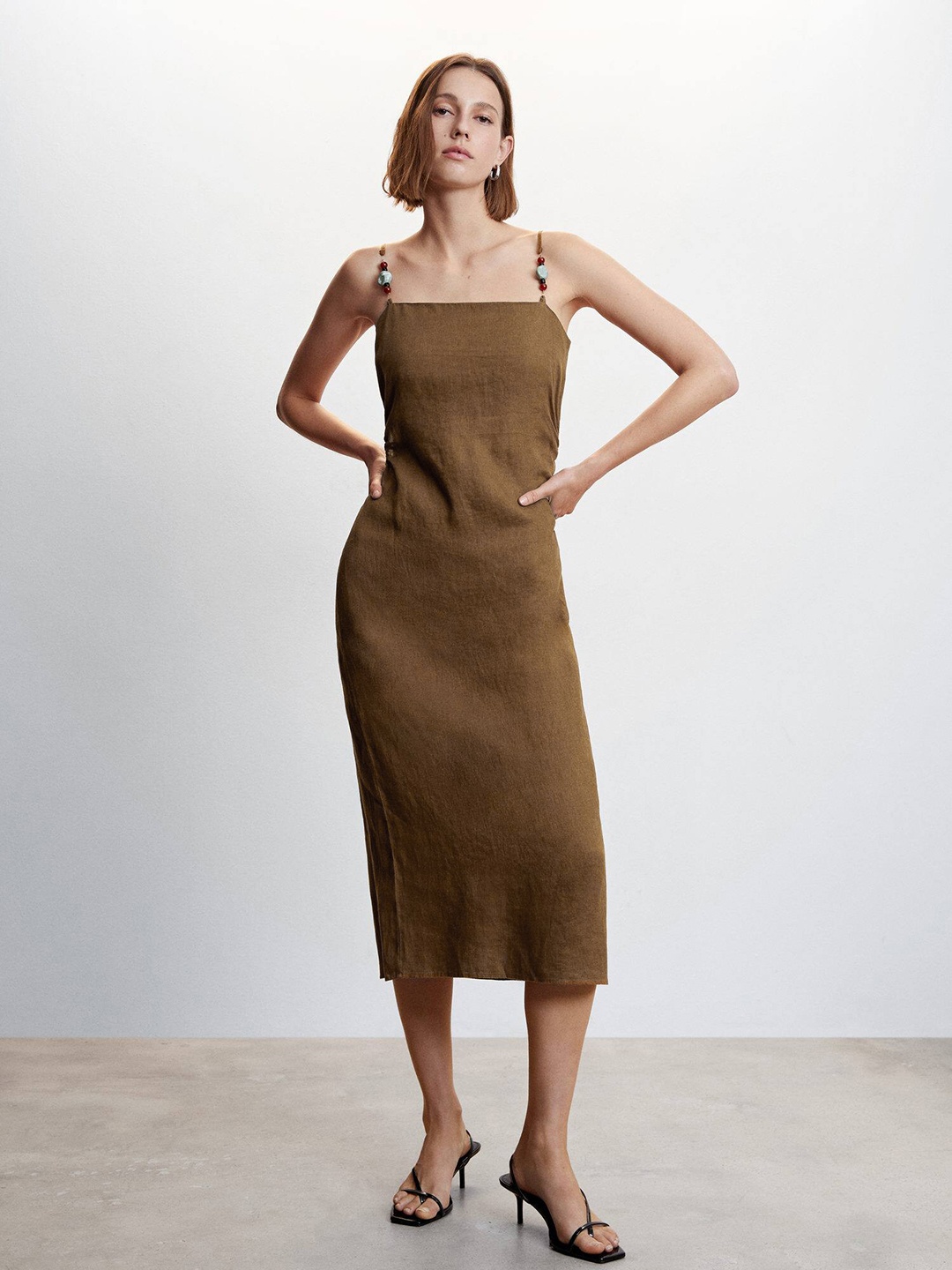 

MANGO Mustard Yellow Off-Shoulder Linen A-Line Midi Dress