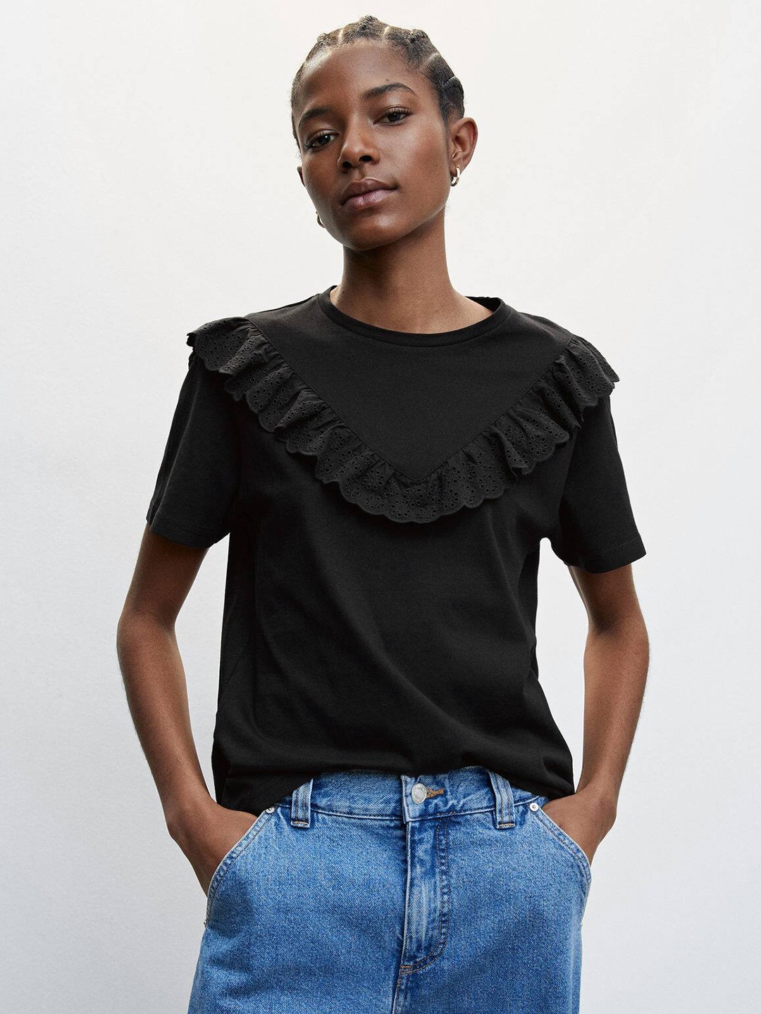 

MANGO Ruffles Pure Cotton Top, Black
