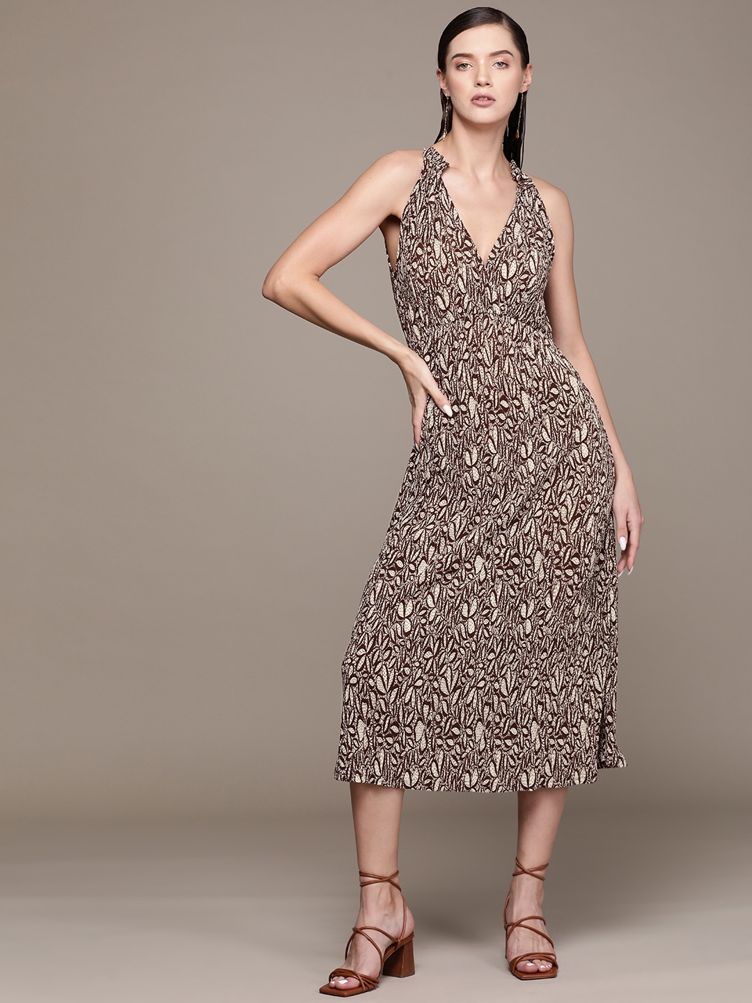 

MANGO Micro Pleated Printed A-Line Midi Dress, Black