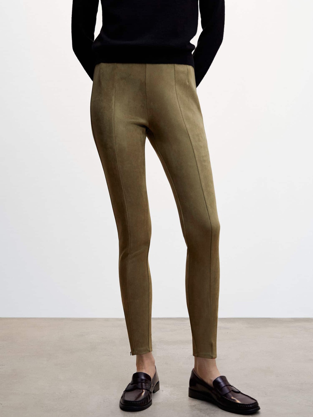 

MANGO Women Suede Zip-Detail Ankle-Length Leggings, Olive