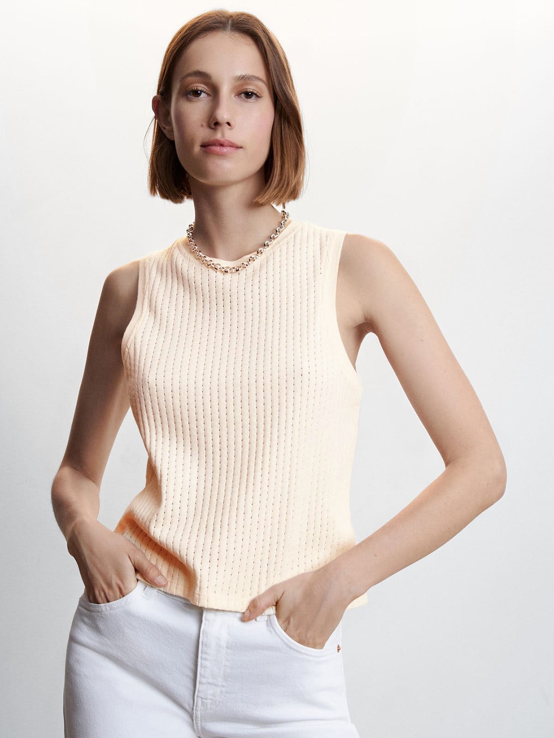 

MANGO Open Knit Cotton Top, Cream