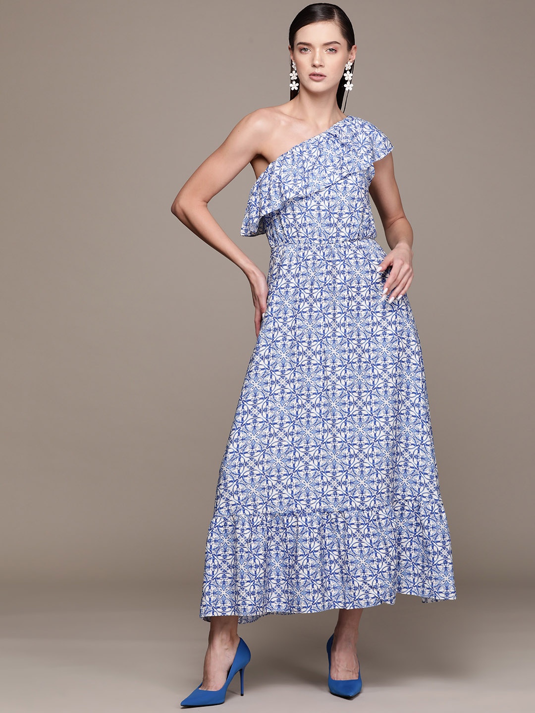 

MANGO Ethnic Print One Shoulder Layered Maxi Dress, Blue