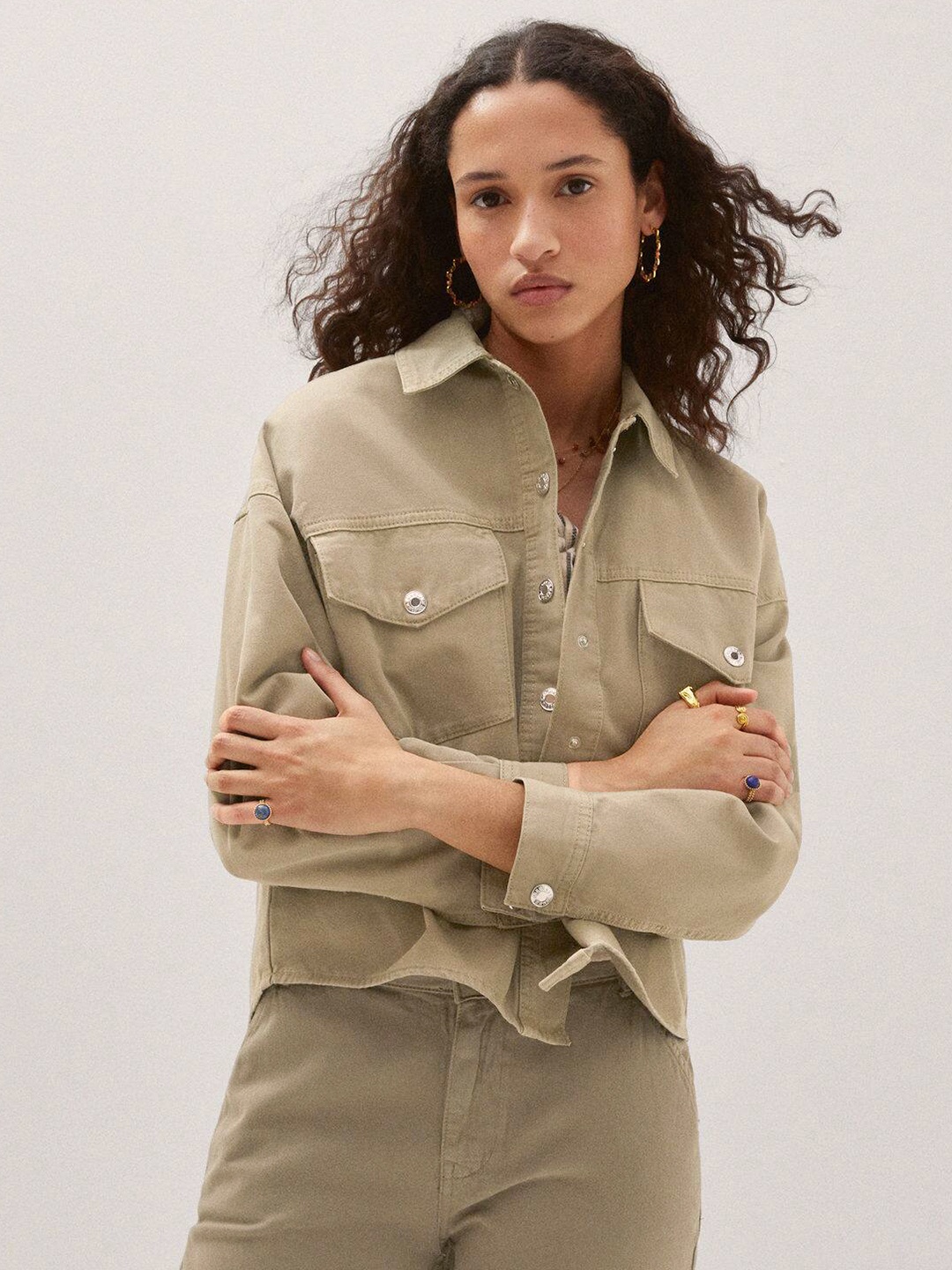 

MANGO Women Pure Cotton Shacket, Olive