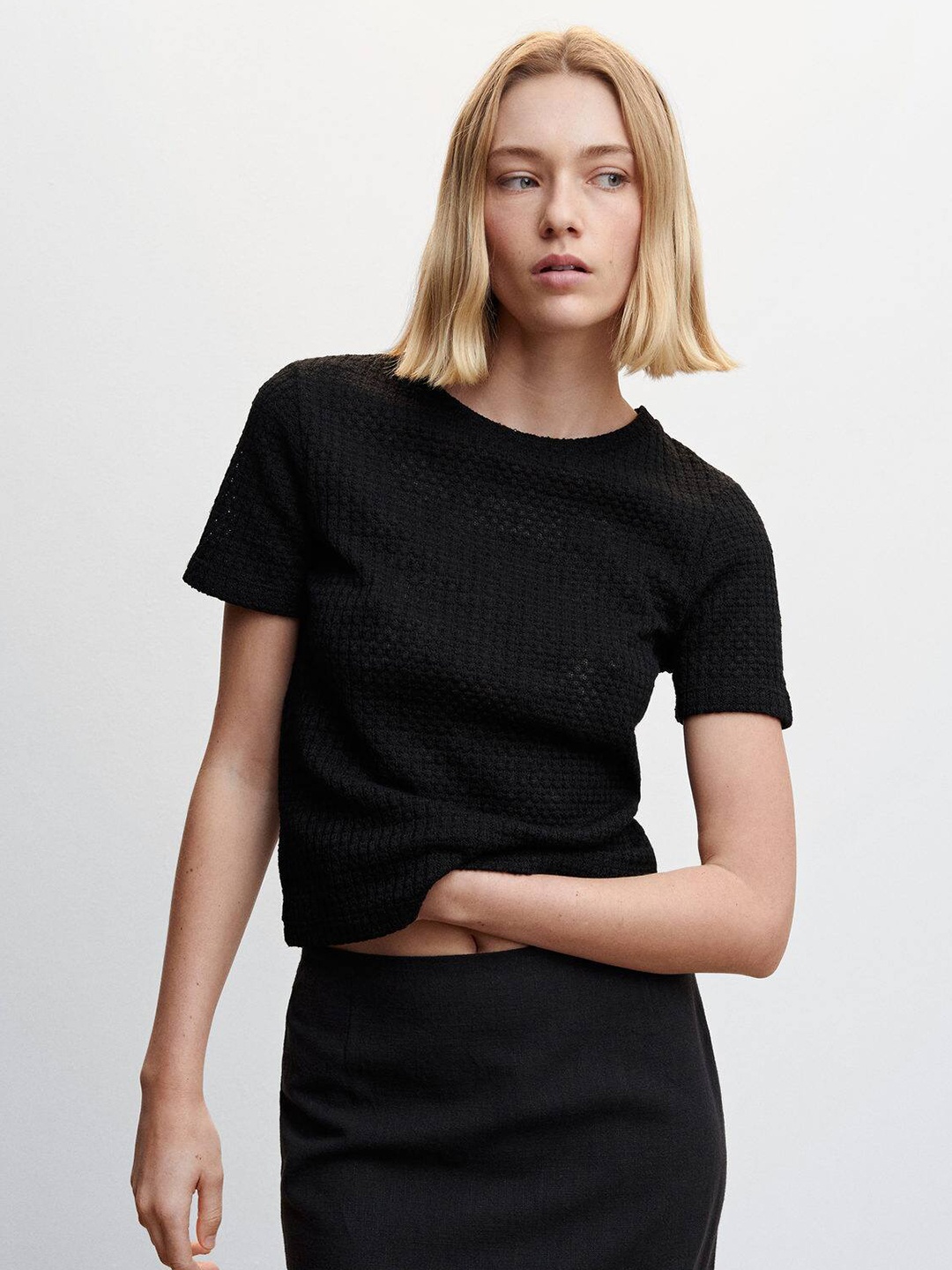 

MANGO Knitted Self-Design T-shirt, Black