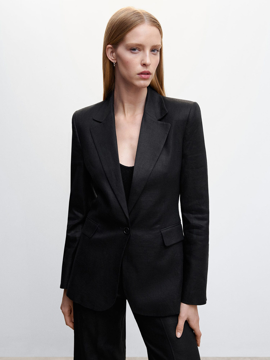

MANGO Pure Linen Single-Breasted Blazer, Black