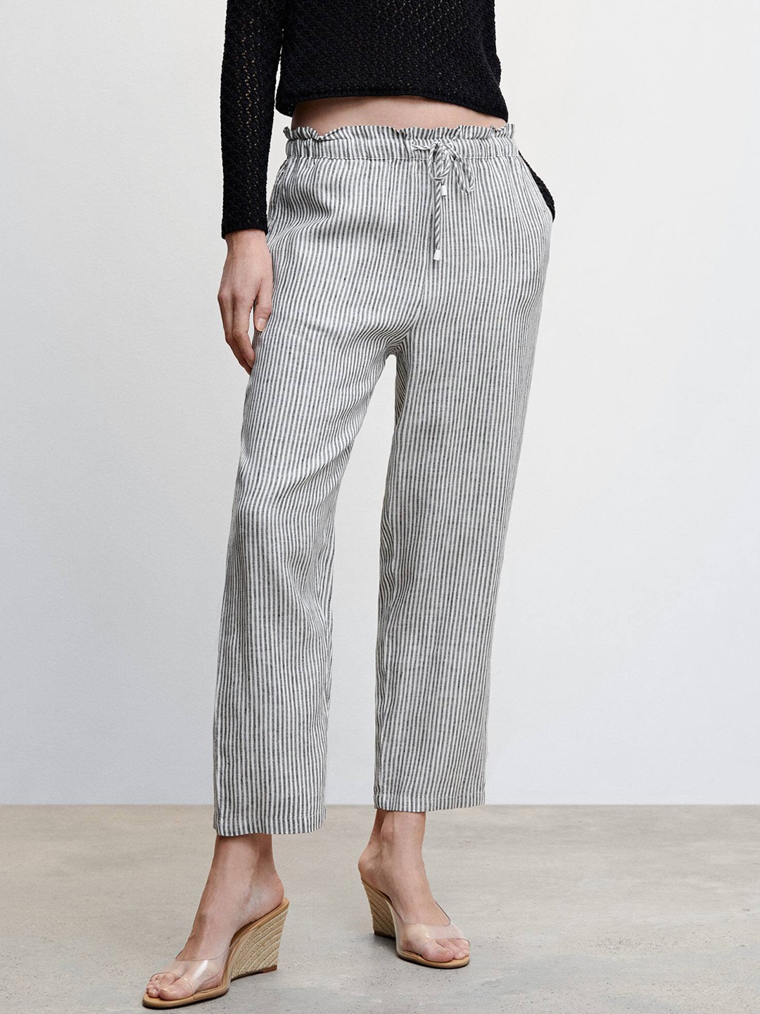 

MANGO Women Linen Striped Trousers, White