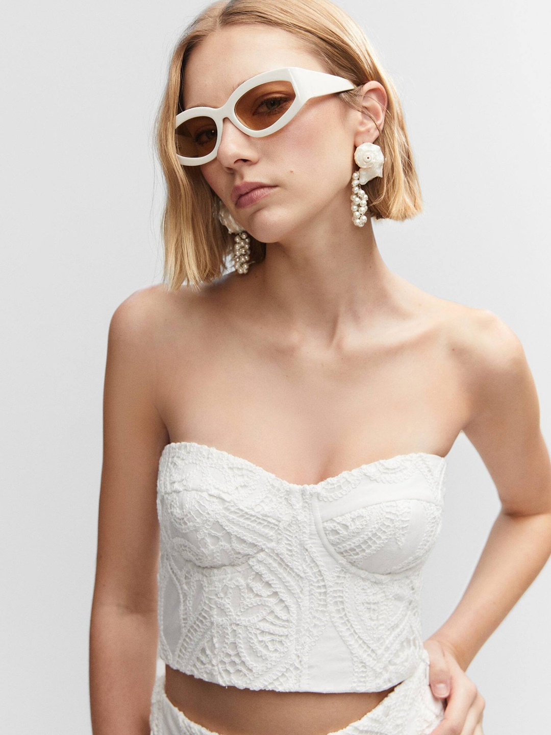 

MANGO Floral Corset Style Crop Top, White