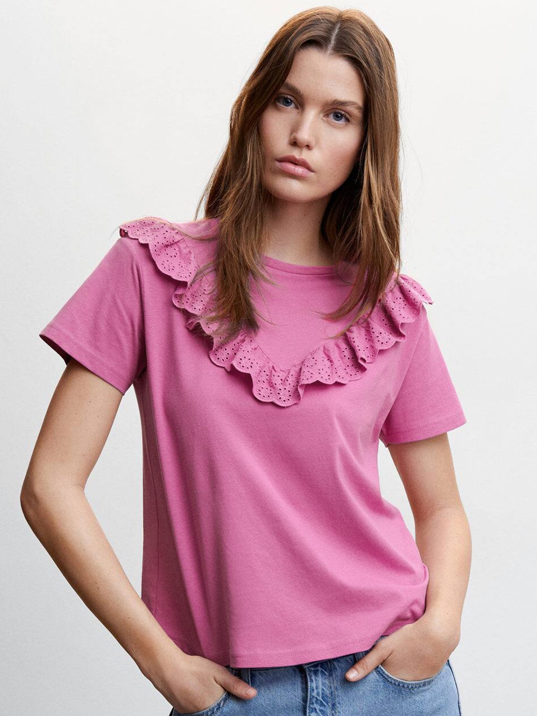 

MANGO Schiffli Embroidered Detail Ruffles Cotton Top, Pink