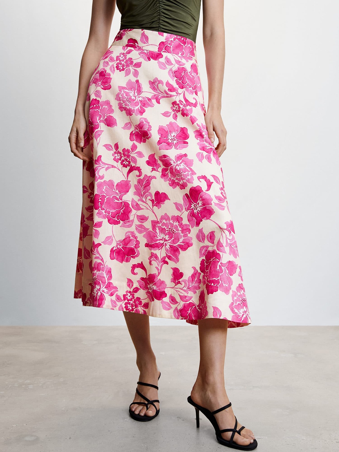 

MANGO Floral Printed Pure Cotton Midi Flared Skirt, Off white