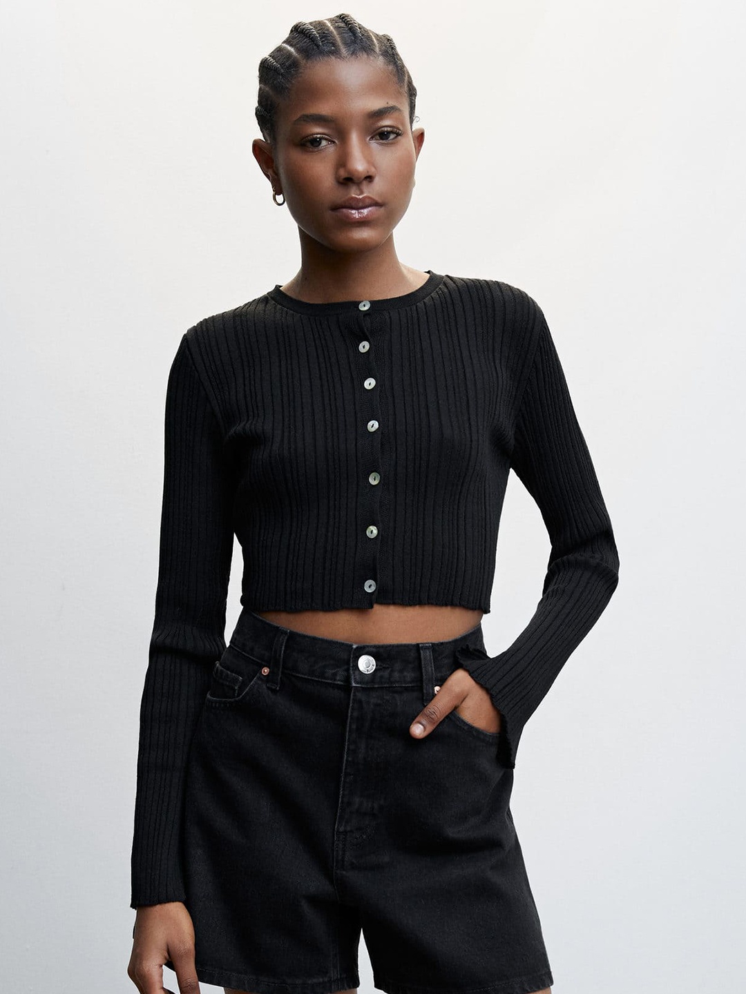 

MANGO Women High-Rise Denim Shorts, Black