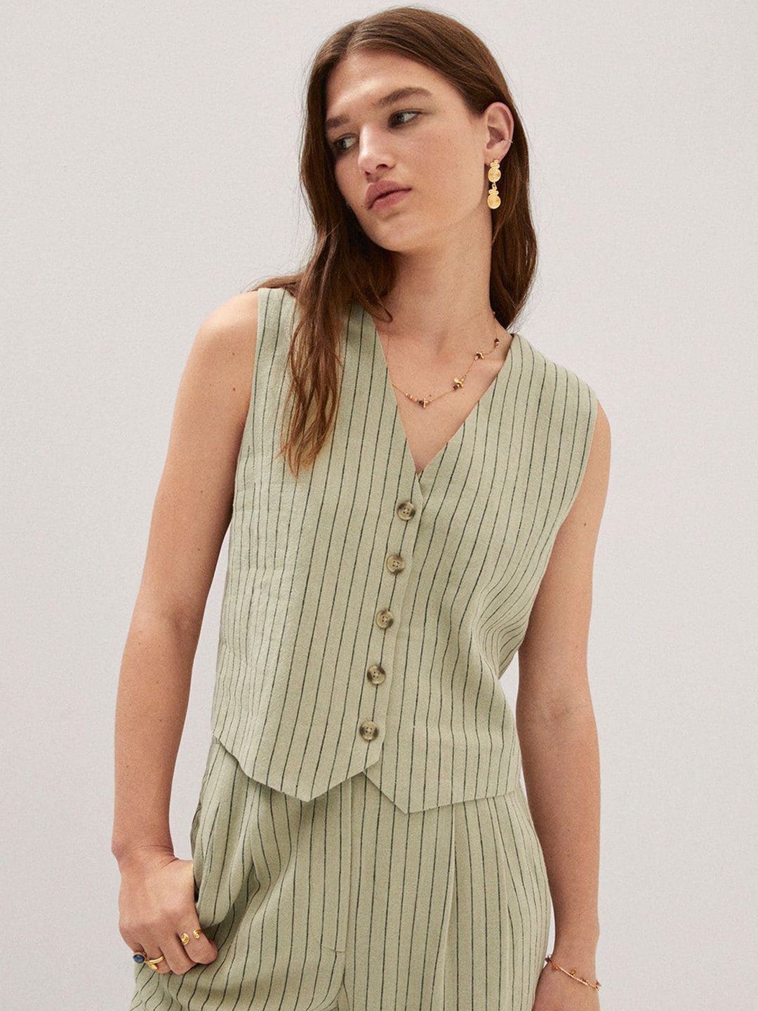 

MANGO Pinstripe Waistcoat, Olive