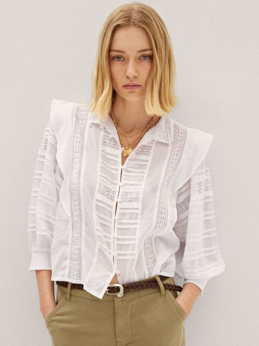 

MANGO Mandarin Collar Puff Sleeve Cotton Shirt Style Top, White