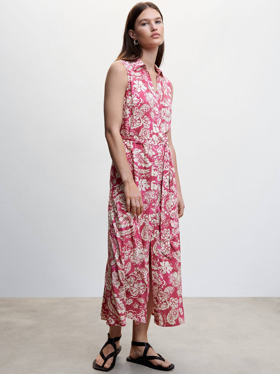 

MANGO Ethnic Motifs Print Shirt Midi Dress with Belt, Pink