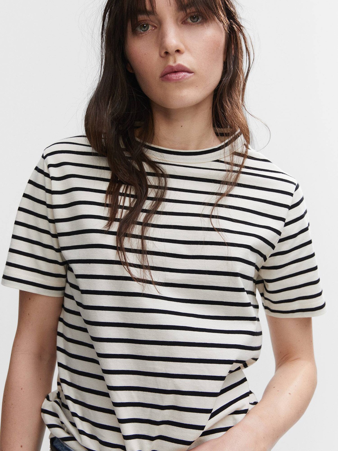 

MANGO Striped Pure Cotton T-shirt, White
