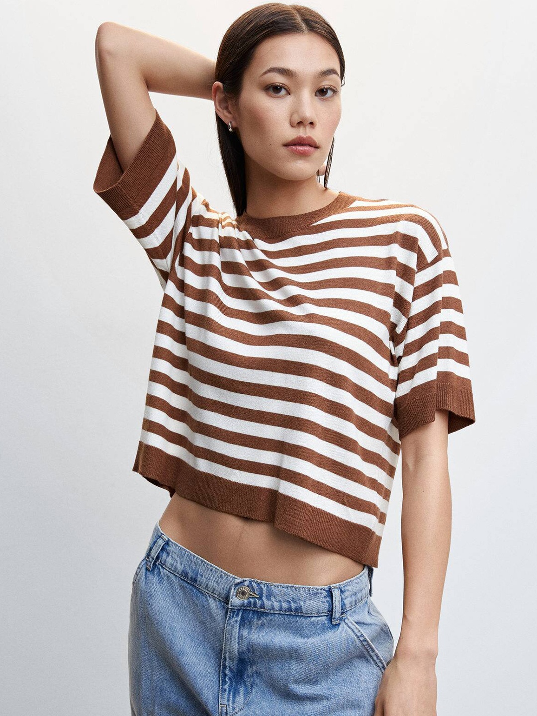 

MANGO Women Striped Drop-Shoulder Sleeves T-shirt, Brown